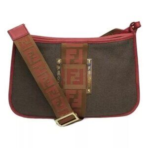 AUTHENTICATED FENDI RARE CROSSBODY IN CANVAS WITH RED LEATHER DETAIL RETAIL 1200